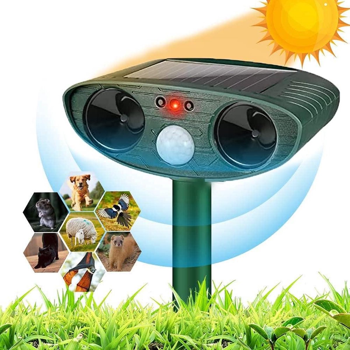 Ultrasone kattenverjager op zonne-energie tegen duiven vogels honden katten muizen vossen IP66 waterdicht buiten gebruik