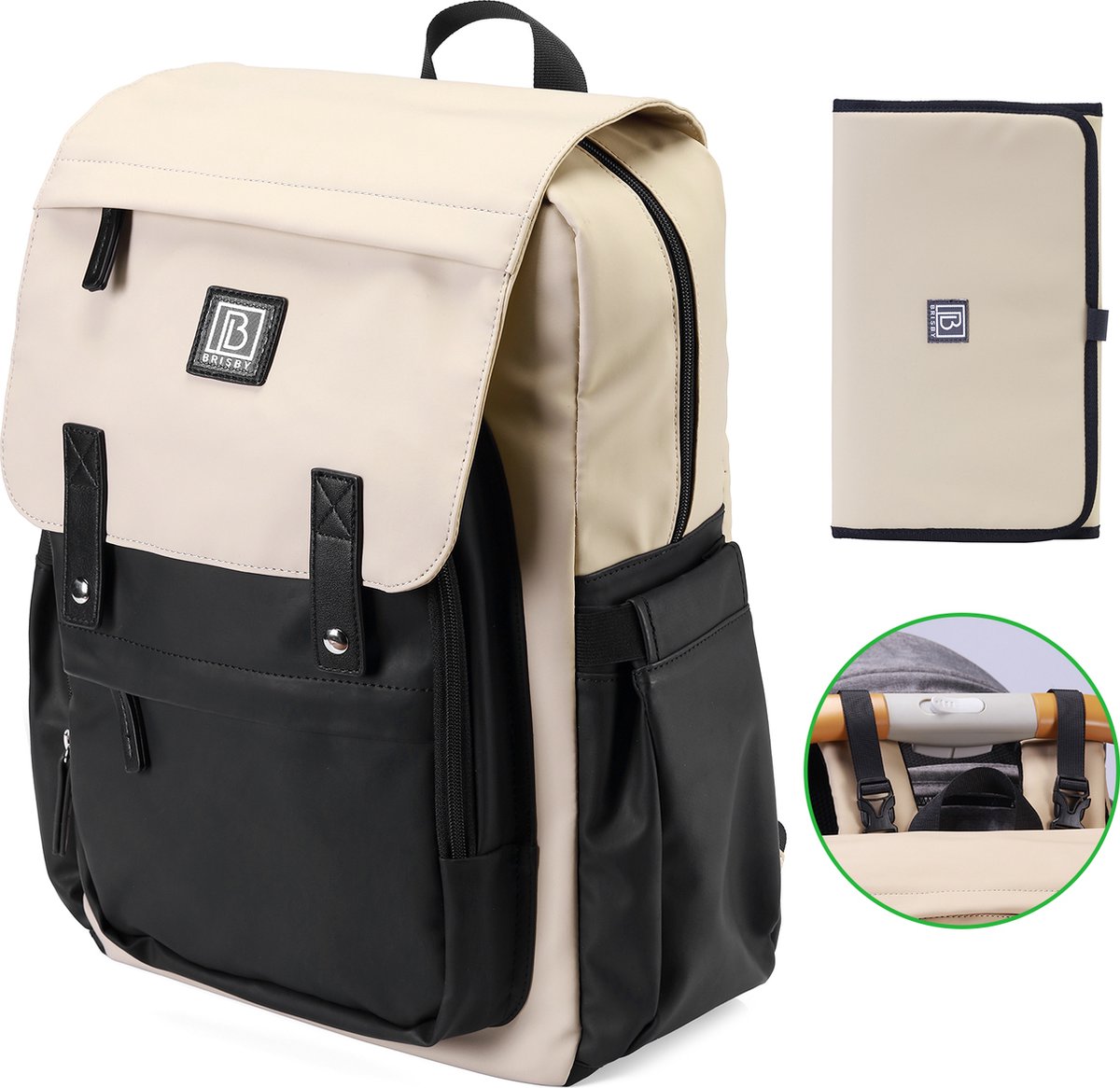 Brisby slijtvaste Luiertas - verzorgingstas - Two Tone Creme en Zwart PU - Inclusief Verschoonmatje - Isoleervakken