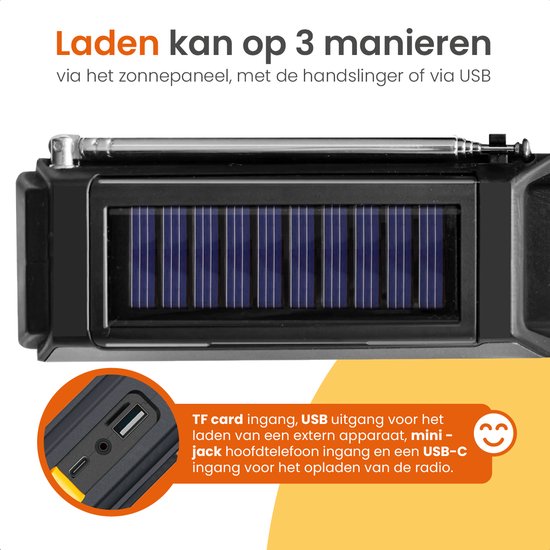 Libovgogo DF-589 Kleine noodradio met handslinger, waterdichte bluetooth- luidspreker, draagbare digitale AM FM-radio met zaklamp, flitslamp, 2000 mAh powerbank, zwengelradio op zonne-energie
