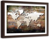 Foto in frame , Wereld op planken , 120x80cm , bruin beige , wanddecoratie