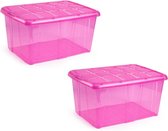 2x Opslagbakken/organizers met deksel 60 liter 63 x 46 x 32 transparant roze - Organizers/opbergbakken