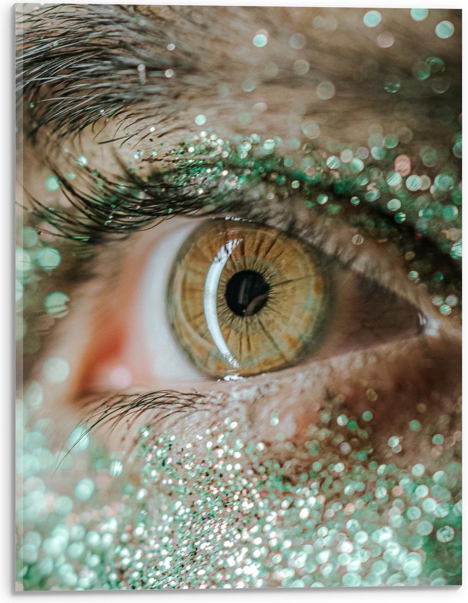 Plexiglas - Groen oog met Groene Make-Up Glitters - 30x40cm Foto op Plexiglas (Met Ophangsysteem)