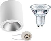 Opbouwspot Set - Pragmi Cliron Pro - GU10 Fitting - Opbouw Rond - Mat Wit/Zilver - Verdiept - Ø90mm - Philips - CorePro 830 36D - 3.5W - Warm Wit 3000K - BES LED