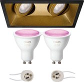 Pragmi Zano Pro - Inbouw Rechthoek Dubbel - Mat Zwart/Goud - Kantelbaar - 185x93mm - Philips Hue - LED Spot Set GU10 - White and Color Ambiance - Bluetooth - BSE