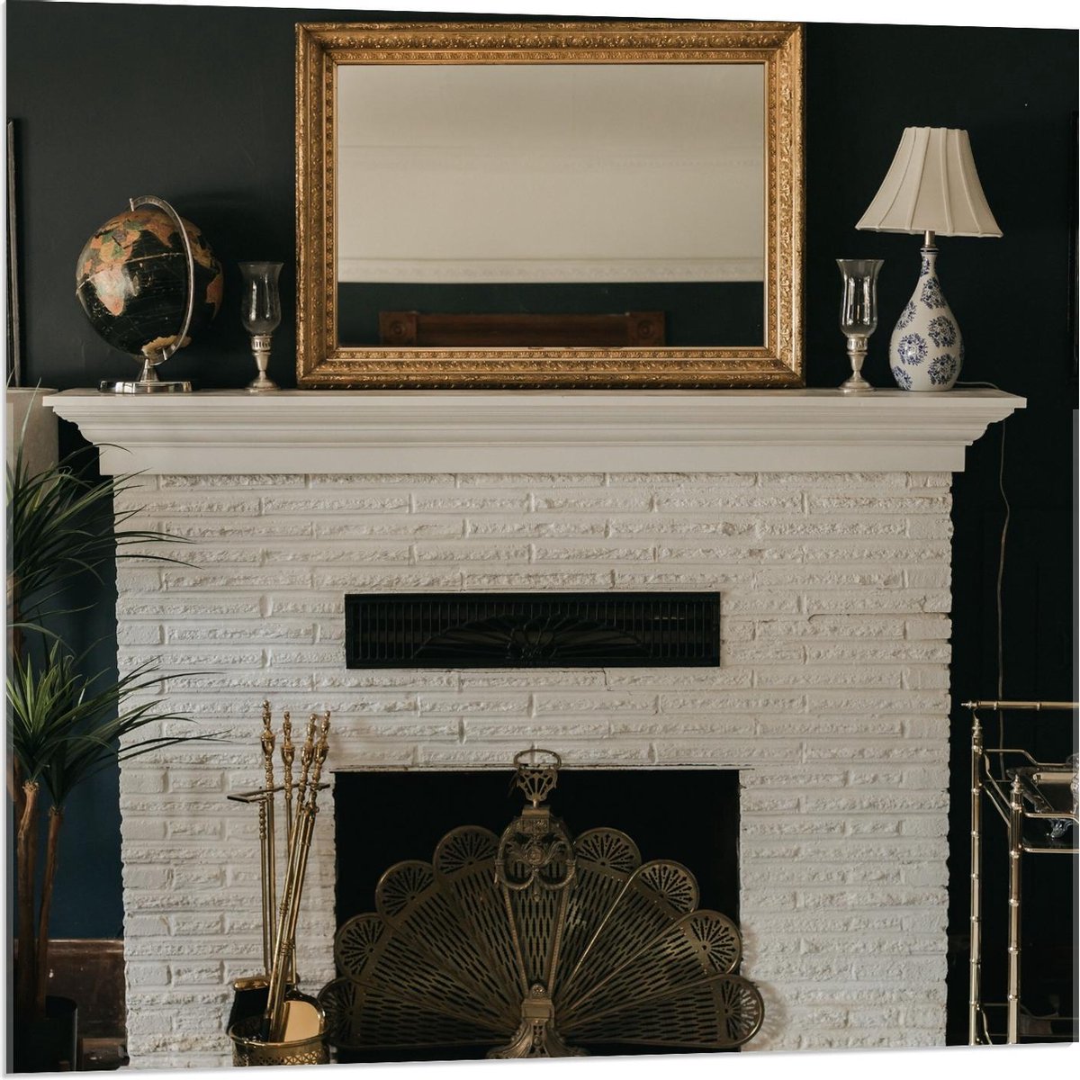 Acrylglas - Witte Open Haard met Gouden Spiegel - 80x80cm Foto op Acrylglas (Wanddecoratie