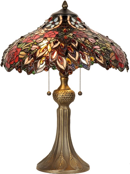 LumiLamp Lampe de table Tiffany Ø 43x58 cm Rouge Vert Verre Rose Lampe de bureau Tiffany