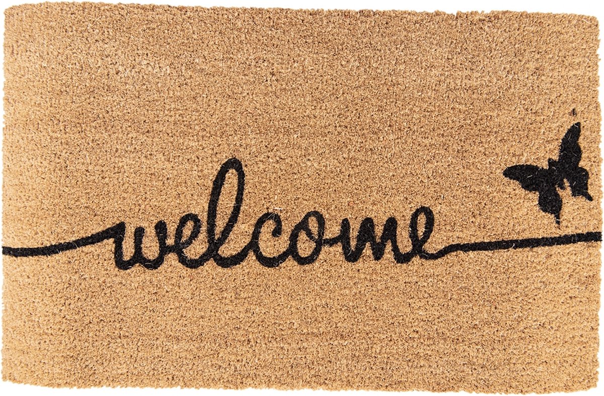 Clayre & Eef Deurmat 75x45 cm Bruin Kokosvezel Rubber Rechthoek Vlinder Welcome Kokosmat