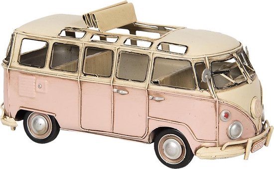 Clayre & Eef Decoratie Miniatuur Camper 26*11*13 cm Roze Metaal Rechthoek Pennenhouder Decoratie Modelauto