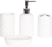 Clayre & Eef Badkamerset (set v 4) 6CE1067 12*9*3 cm/Ø7*11 cm/Ø7*11 cm/Ø7*17 cm - Wit Keramiek  Badkamer Accessoires Set  Badkameraccessoires Set