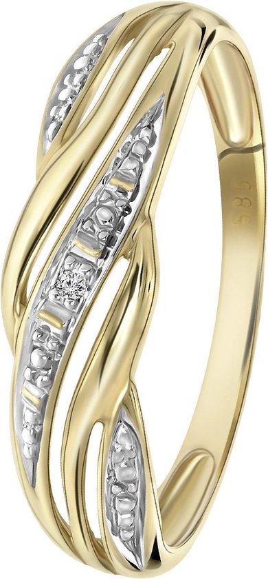 Lucardi Dames Bicolor ring met diamant 0,01ct - Ring - Cadeau - 14 Karaat Goud - Witgoud en Geelgoud