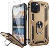 BixB iPhone 12 / iPhone 12 Pro Hoesje met ring houder Armor Hard backcover Goud + 2 Stuks screenprotector