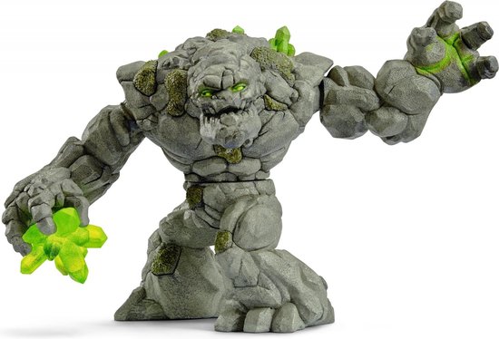Grijs steenmonster met groene kristallen en mos, zittend met groene, gloeiende ogen.