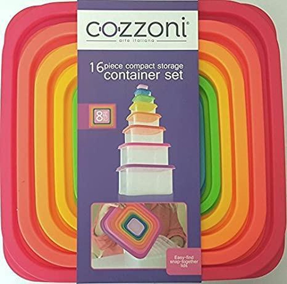 Cozzoni - 8-in-1 - Vierkante - Vershoudbakjes - voedselopslag containerset - 160 ml - 300 ml - 500 ml - 880 ml - 1,5 L - 2,4L - 4 L - 6L