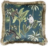 Sierkussen - Sier Fluweel Jungle Aap Gouden Franjes - Blauw En Goud - 45 Cm X 45 Cm