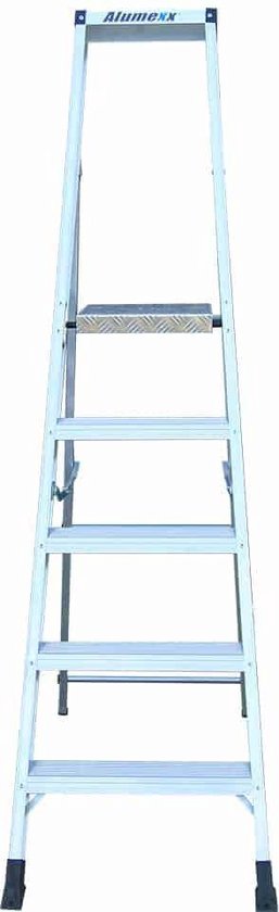 Zilverkleurige Alumexx trap met 5 treden, gefotografeerd op een witte achtergrond.