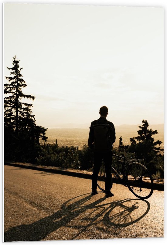 Forex - Silhouet van Fietser op Top van Berg - 60x90cm Foto op Forex