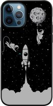 iPhone 12 hoesje siliconen zwart - Universum astronaut - Siliconen TPU case zwart - Print / Illustratie - Transparant, Grijs