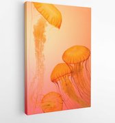 Onlinecanvas - Schilderij - Four Orange Jellyfish Wallpaper Art Vertical Vertical - Multicolor - 115 X 75 Cm