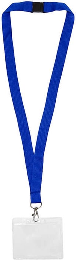 Blauw keycord met zwarte gesp en doorzichtige horizontale pashouder.