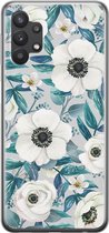 Samsung Galaxy A32 5G hoesje siliconen - Witte bloemen - Soft Case Telefoonhoesje - Bloemen - Blauw