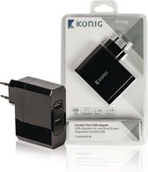 König CS48UW001BL Universele Usb Lader met Dubbele Poort, 2.4 A en 2.4 A