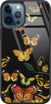 iPhone 12 hoesje glas - Vlinders - Hard Case - Zwart - Backcover - Print / Illustratie - Zwart