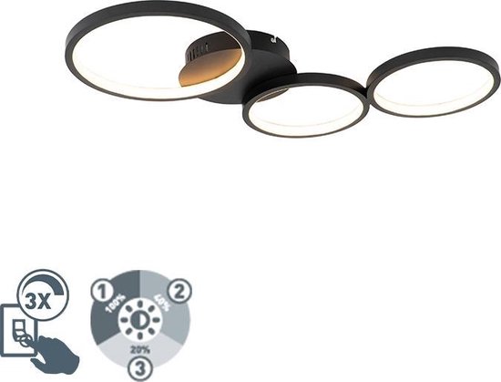 QAZQA pande - Design Dimbare LED Plafondlamp met Dimmer - 3 lichts - L 68.5 cm - Zwart - Woonkamer | Slaapkamer | Keuken