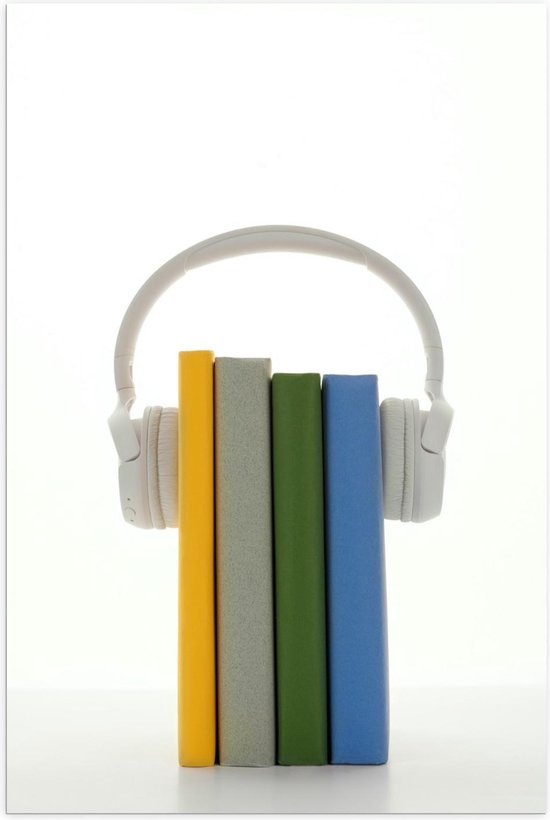 Poster – Witte Koptelefoon op Gekleurde Boeken - 40x60cm Foto op Posterpapier