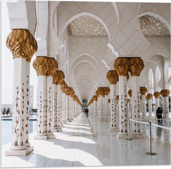 Acrylglas - Witte Pilaren in Sjeik Zayed-moskee  - 50x50cm Foto op Acrylglas (Wanddecoratie op Acrylglas)