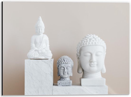 Dibond - Verschillende Witte Boeddha Beelden - 40x30cm Foto op Aluminium (Met Ophangsysteem)