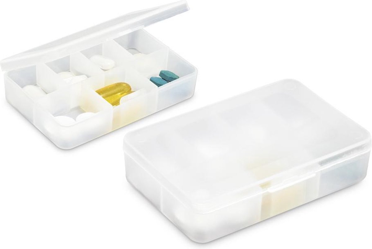 Set van 2x stuks medicijnen doosjes/pillendoosjes 7 vakjes transparant 8,5 cm - 7-daags pillen opberg/bewaardoosjes