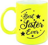 Best Sister Ever cadeau koffiemok / theebeker neon geel 330 ml