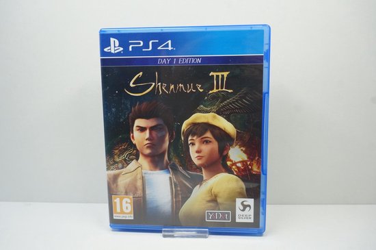 Doos van Shenmue III Day 1 Edition voor PS4, met afbeelding van twee hoofdpersonages.