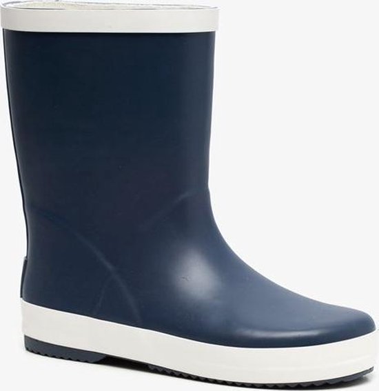 Botte de pluie bleu foncé avec bordure beige en haut et en bas.