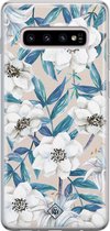 Samsung S10 Plus hoesje siliconen - Bloemen / Floral blauw | Samsung Galaxy S10 Plus case | blauw | TPU backcover transparant