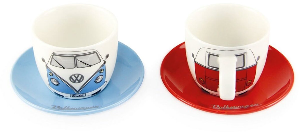 Volkswagen T1 Bus Espresso kopjes 2 stuks Set 100ml - rood/blauw
