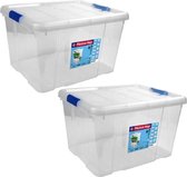 2x Opbergboxen/opbergdozen met deksel 25 liter kunststof transparant/blauw - 42 x 35 x 25 cm - Opbergbakken