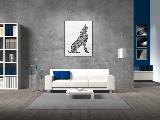 Line Art - Loup carré 5 - M - 77x60cm - Bois de frêne Blanc - décoration murale géométrique