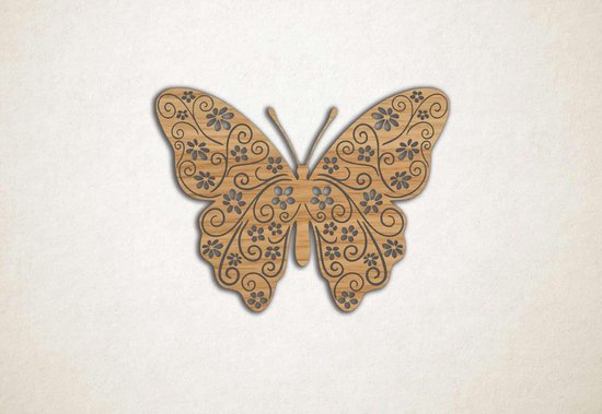 Wanddecoratie - Vlinder bloemen - M - 60x81cm - Eiken - muurdecoratie - Line Art