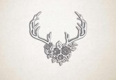 Wanddecoratie - Rendier hoorns met bloemen - S - 45x49cm - EssenhoutWit - muurdecoratie - Line Art