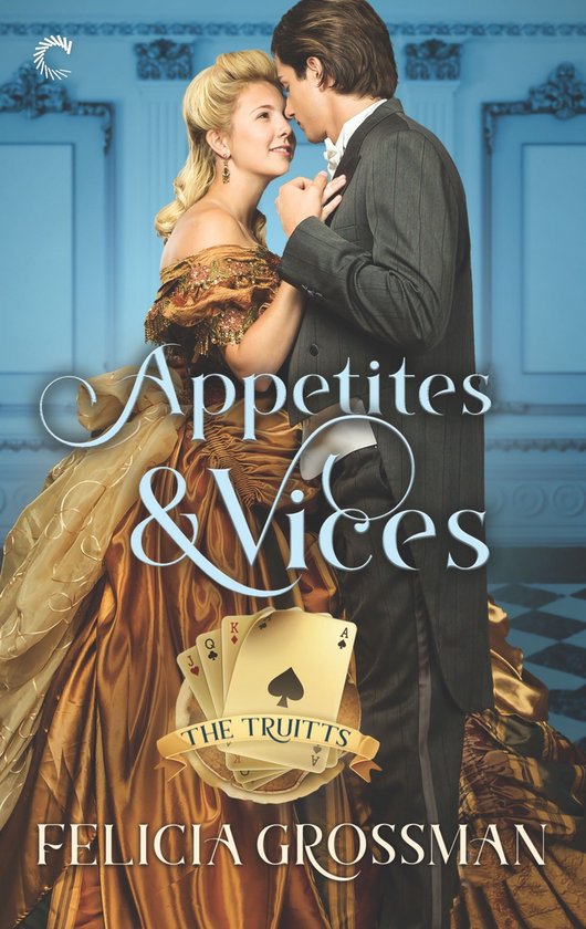 Een stel in klederdracht omhelst elkaar, met speelkaarten en de titel 'Appetites & Vices'.