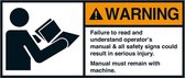 Warning Failure to read operators manual sticker, ANSI 35 x 80 mm
