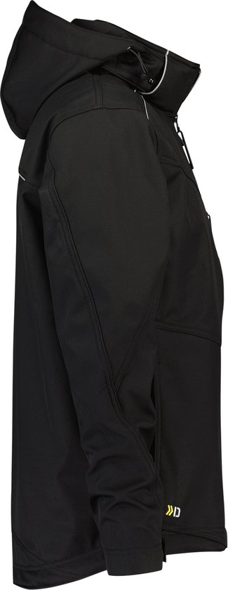 Zijaanzicht van een zwarte DASSY softshell werkjas met capuchon.