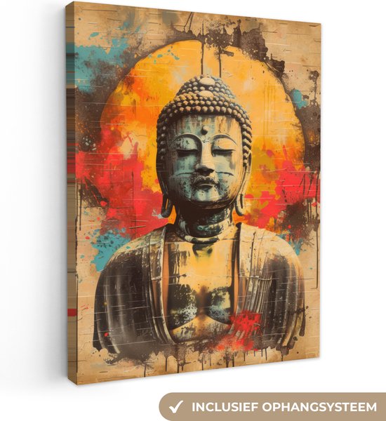 Canvas Schilderij 30x40 cm - Boeddha - Graffiti - Street art - Boedha beeld - Buddha - Wanddecoratie slaapkamer - Muurdecoratie woonkamer - Interieur decoratie - Schilderijen