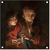 Tuinposters Oude vrouw en jongen met kaarsen - Schilderij van Peter Paul Rubens - 50x50 cm - Tuindoek - Buitenposter