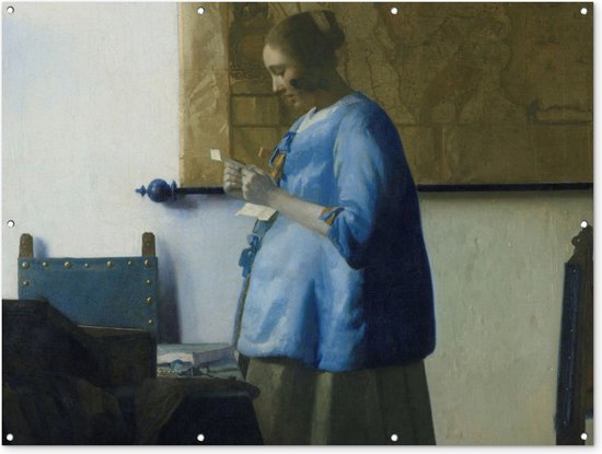 Muurdecoratie buiten Brieflezende vrouw in het blauw - Schilderij van