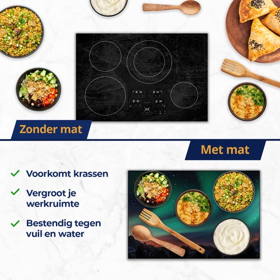 Vergelijking van een zwarte inductiekookplaat met en zonder beschermmat met Noorderlicht afbeelding.