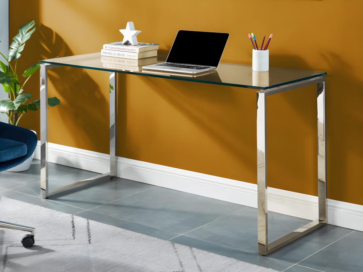 Vente-unique Bureau FREYA - Gehard glas en verchroomd metaal