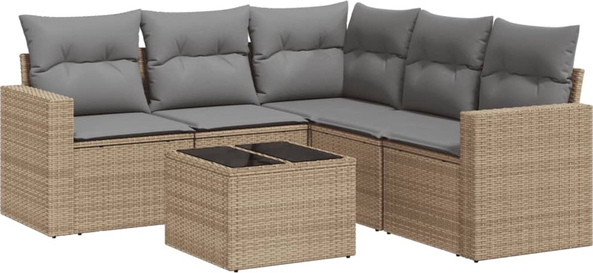 vidaXL 6-delige - Loungeset - met - kussens - poly - rattan - beige