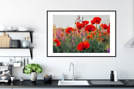 Fotolijst incl. Poster - Klaproos - Bloemen - Rood - Paars - Weide - 120x80 cm - Posterlijst
